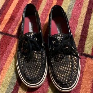 Black and gold polka dot sperry top siders